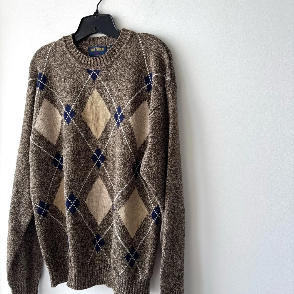 VTG Gulf Traders Sweater Brown Argyle Cotton Mens M Grandpa Preppy Professor
